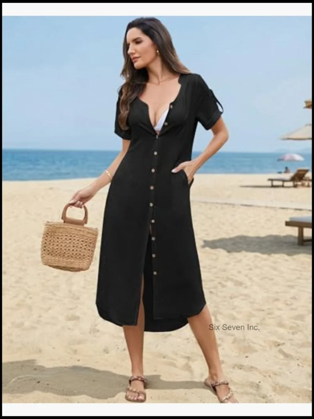 Swimsuit Coverup Button Down Casual Summer Dress with Pockets - Picture 5 of 7